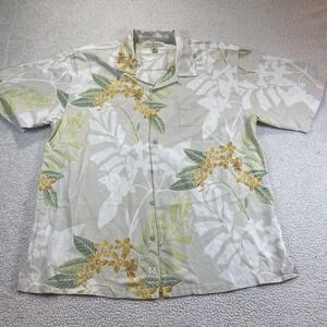 Tommy Bahama Shirt Men XL Beige Silk Floral Camp Button Up Tropical Short Sleeve